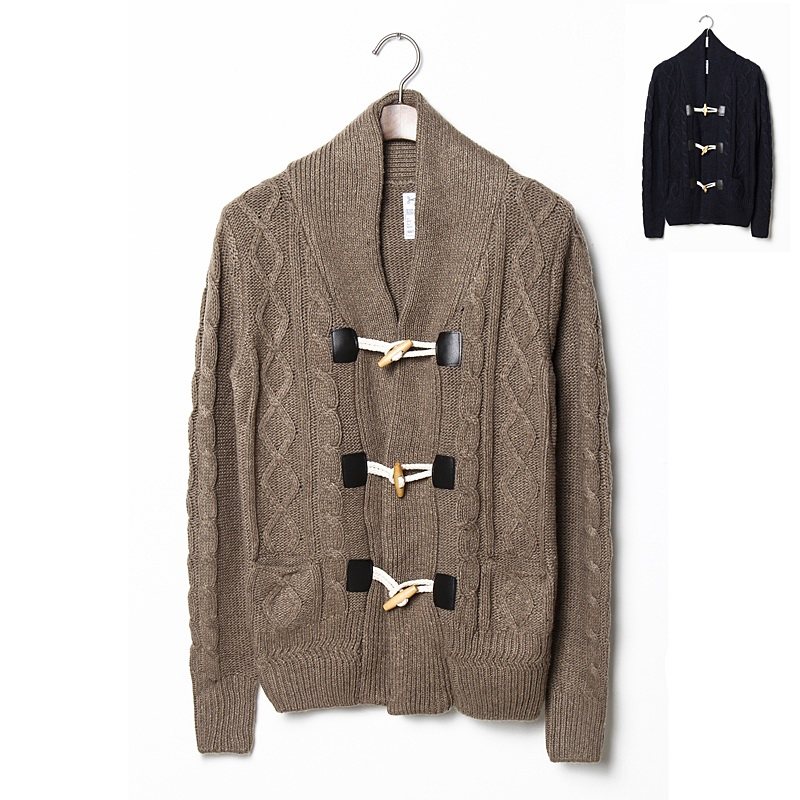 秋冬新品 日系复古男装牛角扣<em>粗毛线</em>针织<em>开衫</em>