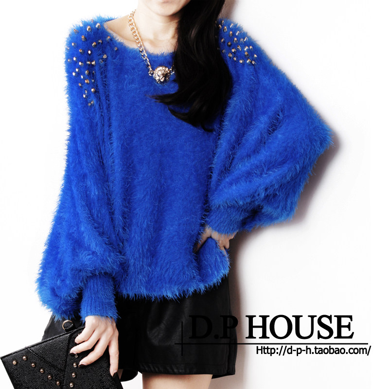 春秋装铆钉马海毛圆领<em>蝙蝠袖套头短款</em>薄<em>毛衣</em>女