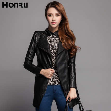 【honru旗舰店】PU女式中长款皮衣Honru秋装