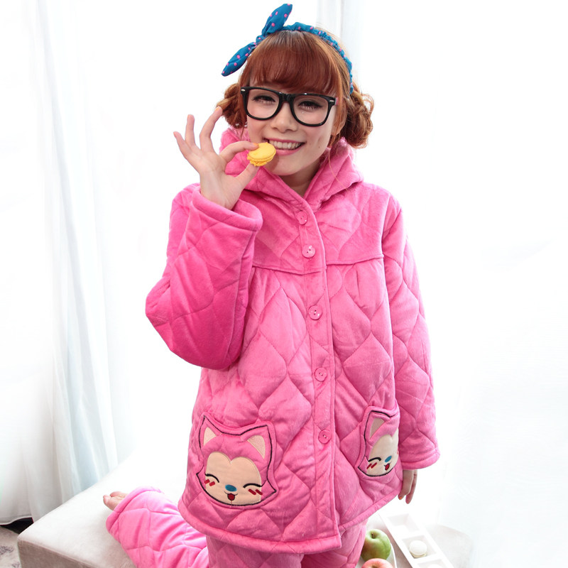 新款 冬装女<em>加厚棉睡衣</em> <em>连帽</em>前扣卡通可爱调节