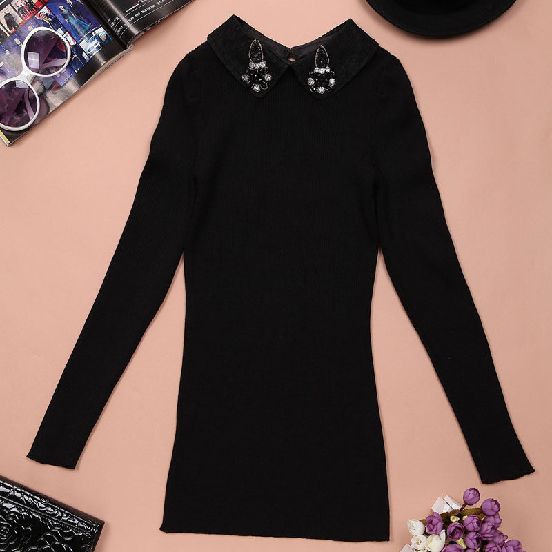 <em>娃娃领</em>女式<em>毛衣 秋冬</em>长袖带钻<em>打底</em>衫女 冬天带