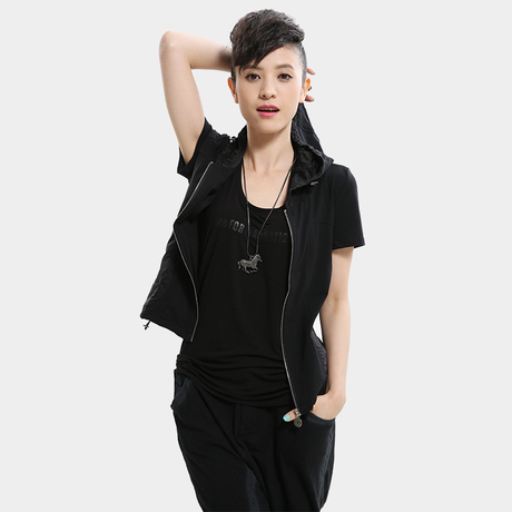 宽松带帽t恤<em>女夏短袖开衫</em>外套<em>大码</em>卫衣拉链t恤