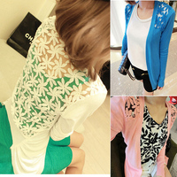 刺绣蕾丝拼接嫩黄色修身毛衣<em>长袖针织开衫女</em>前