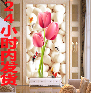 定做无缝壁画墙纸3D立体石头郁金香玄关过道