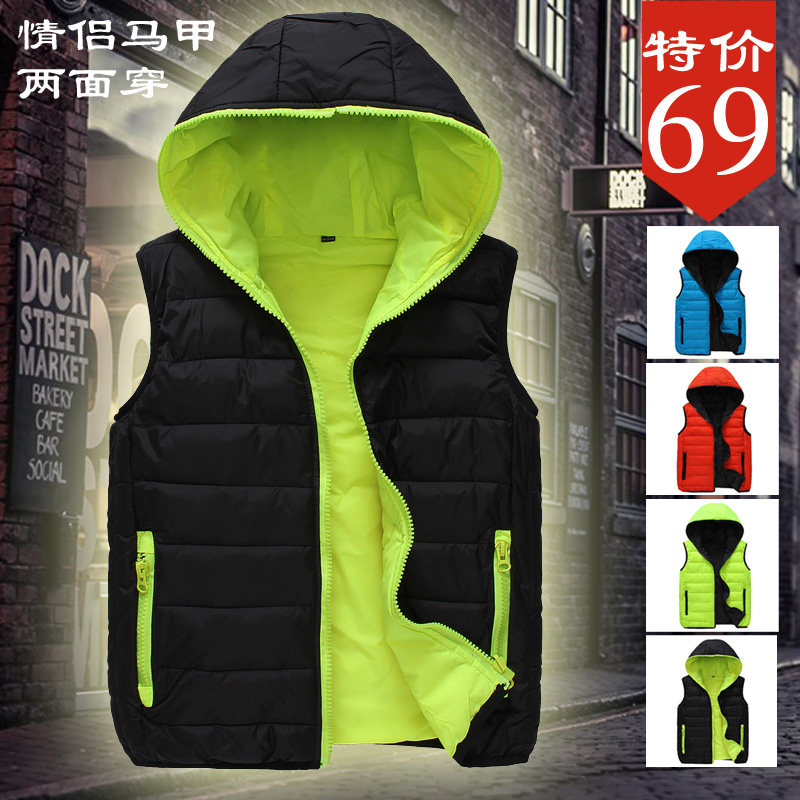 秋冬新款<em>连帽</em>情侣<em>棉马甲</em>男休闲韩版两面穿男马