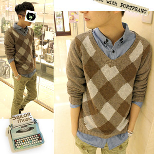 2013 新款韩版<em>男士</em> 修身V领纯棉<em>毛衣外套</em>菱形