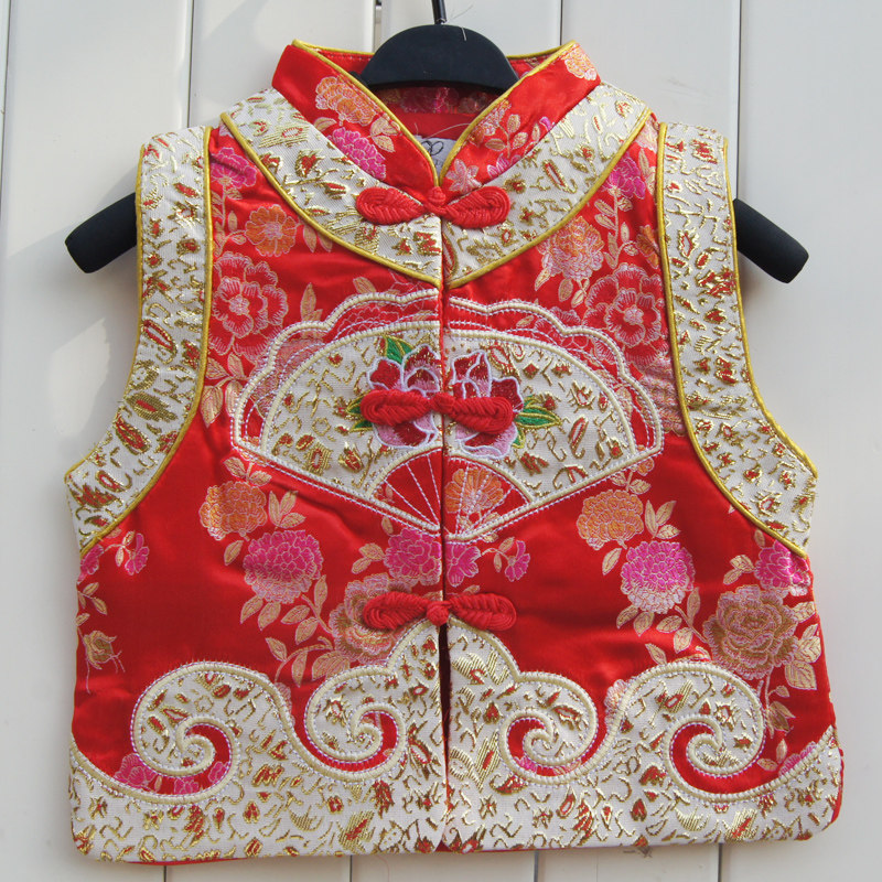冬新款儿童唐装<em>棉背心</em> 折扇牡丹<em>女童棉马甲</em> 宝