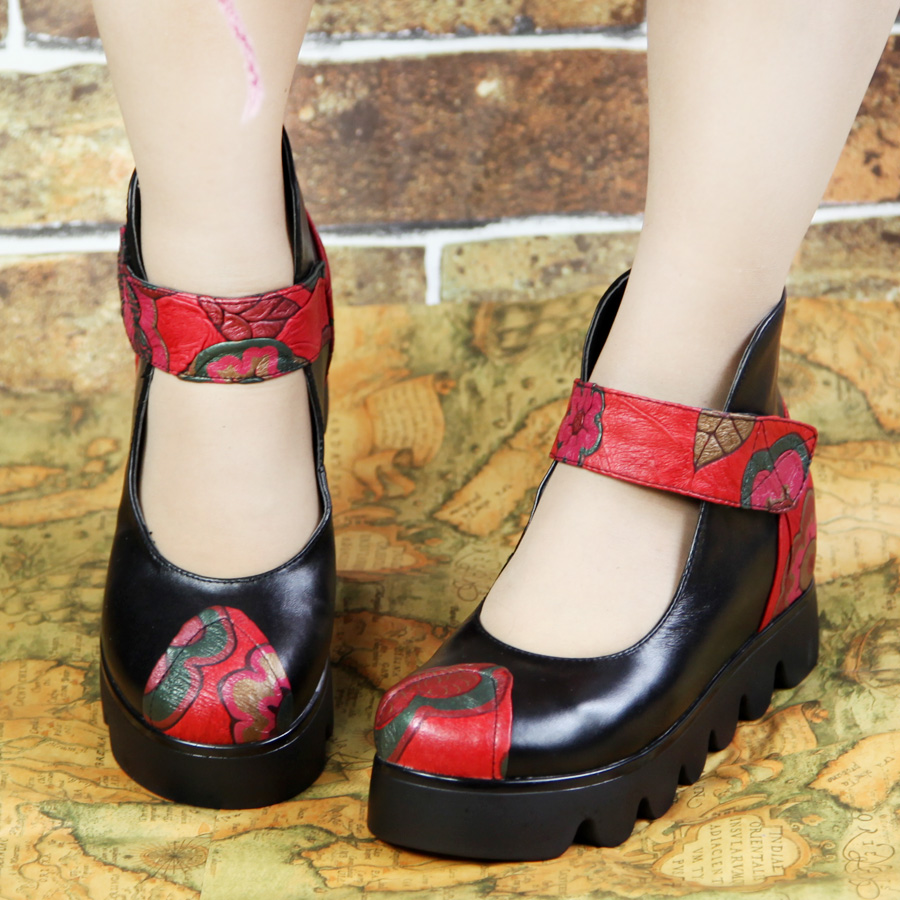 红黑撞色厚底女式皮鞋魔术贴内增高休闲女鞋优