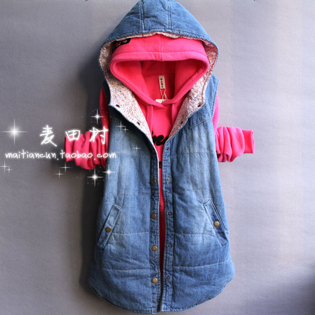 新款牛仔连帽<em>棉马甲女</em>秋冬<em>时尚</em>中长<em>韩版</em>森女保