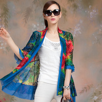 时尚欧美秋装新品<em>真丝</em>外套蓝色印花花色拉链开