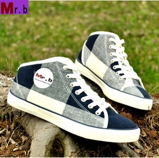  Mr.benyou男士低帮格子帆布鞋 韩版拼色系带休闲板鞋夏季透气潮鞋