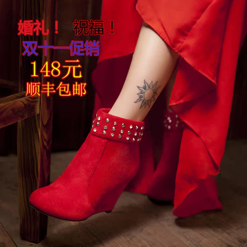 双十一冬季红色水钻婚靴女坡跟短靴桔红色新娘靴婚鞋礼服鞋公主靴 双十一冬季红色水钻婚靴女坡跟短靴桔红色新娘靴婚鞋礼服鞋公主靴