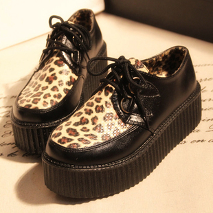  原宿款黑白复古松糕鞋欧美英伦风女鞋 厚底鞋圆头系带单鞋坡跟鞋