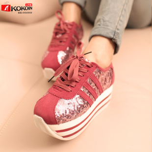  春季新款女鞋子潮款炫闪亮片厚底松糕鞋休闲运动系带圆头单鞋