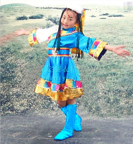 儿童藏族短水袖大裙摆舞蹈服女装高原小卓玛蓝
