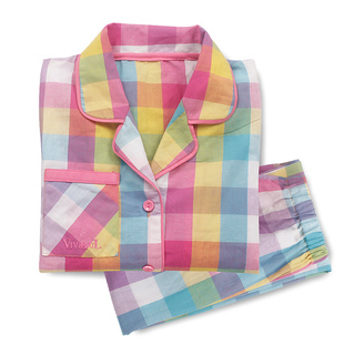  儿童睡衣 女童 夏女童纯棉睡衣睡裤套装长袖格子翻领女童睡衣套