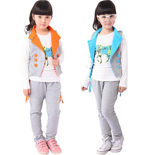  春装新款童装 儿童马甲T恤哈伦裤三件套 女童学院风大童套装