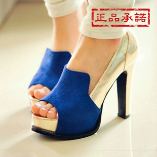  新款个性英伦风 欧美百搭拼接高跟鞋 鱼嘴女鞋粗跟防水台单鞋