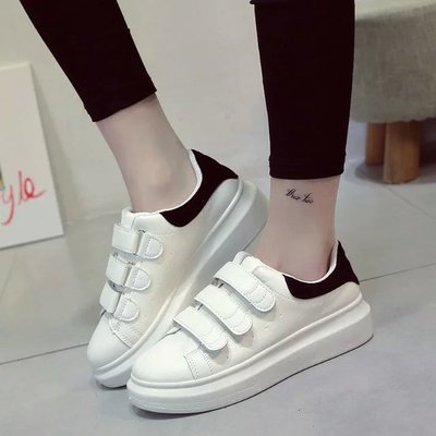 袁姗姗明星同款小白鞋白色魔术贴板鞋厚底休闲