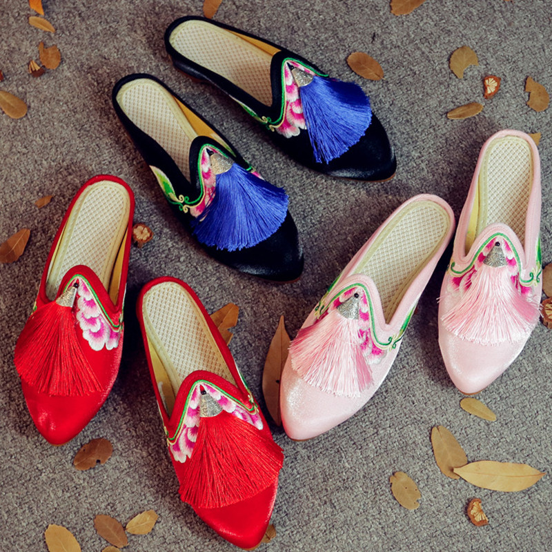 2018 summer tassels slipper Satin Embroidered shoes Ethnic style Retro Tip Women's Shoes Cloth slippers Baotou Sandalsin the Women's Shoes, Slippers category - from Buy2taobao.com to provide professional Taobao agent buy service