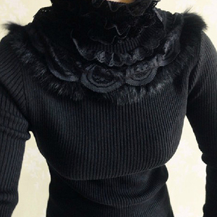 秋冬季蕾丝加厚<em>加绒</em>打底衫<em>中长款</em>黑色<em>女款</em>高领