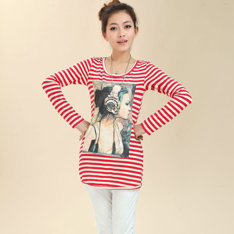 宽松条纹美女图圆领...