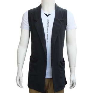  韩版时尚男士西装领长款马甲春夏无袖针织开衫外套潮流马夹男背心