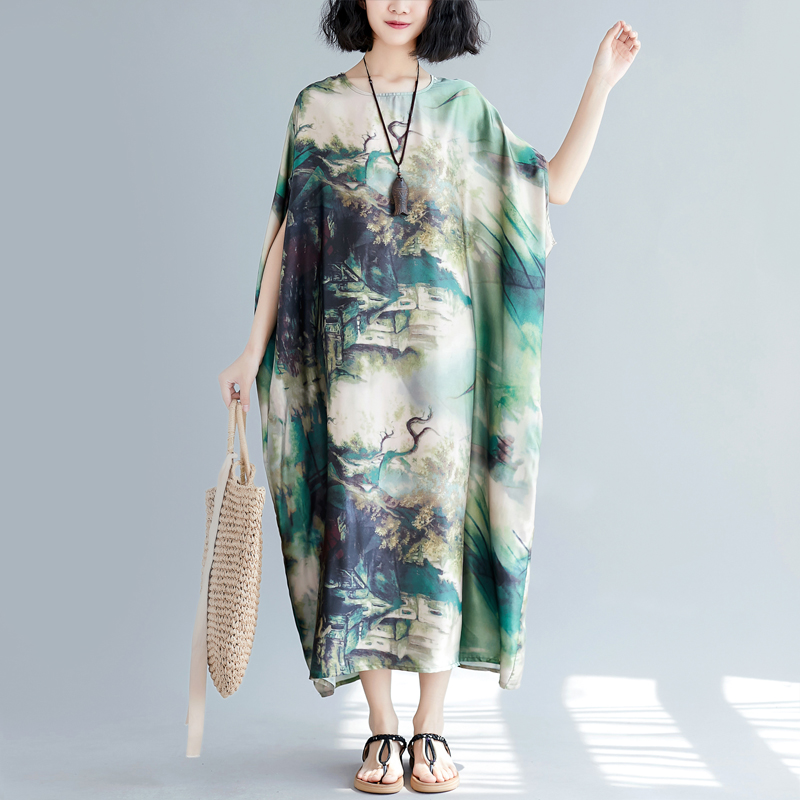 new pattern Women's wear Original literature Retro Large Real silk printing Sleeve of bat Dress temperament Show thinin the Women's clothing/Boutique , Large size women category - from Buy2taobao.com to provide professional Taobao agent buy service