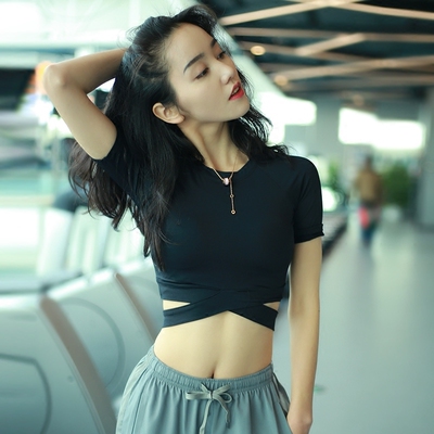 露脐运动短袖女健身t恤跑步上衣速干衣瑜伽服弹力紧身半袖夏透气