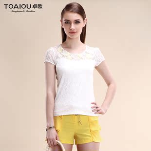  卓欧夏装新款女装 修身淑女蕾丝拼接短袖T恤上衣 女夏B303001