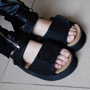  夏季爆款欧美女式复古罗马黑色帆布松糕厚底粗高跟防水台凉鞋清仓