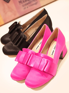  miu家菁菁同款蝴蝶结圆头 大S婚鞋 粗跟鞋 真皮女鞋 单鞋 高跟鞋