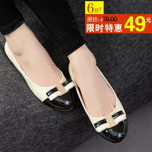  春款新品 蝴蝶结撞色圆头平底鞋浅口平跟单鞋大码女鞋35-43码