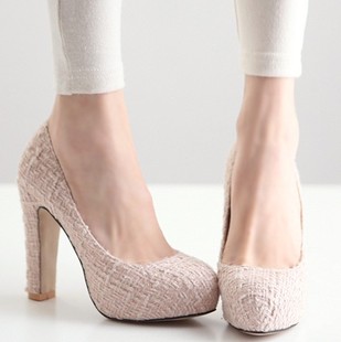  韩国代购正品女鞋春季新款流行小香风线绒粉色高跟鞋单鞋婚鞋