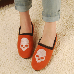  真皮加棉单鞋 新款秋冬女鞋欧美平跟个性骷髅平底鞋女鞋子潮