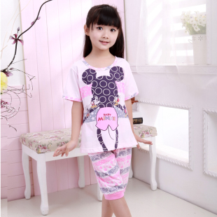  夏季 儿童睡衣女童纯棉短袖中裤 卡通女孩家居服套装宝宝童装