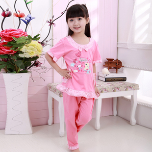  春夏季 儿童睡衣女童纯棉短袖 卡通女孩家居服套装宝宝童装