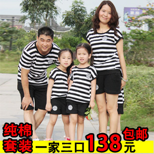  亲子装夏装全家装款 母女装条纹母子t恤一家三口夏家庭套装