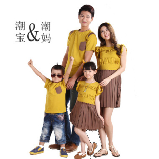  黄色一家四口装亲子装夏装家庭装母女装韩版连衣裙母子父子装