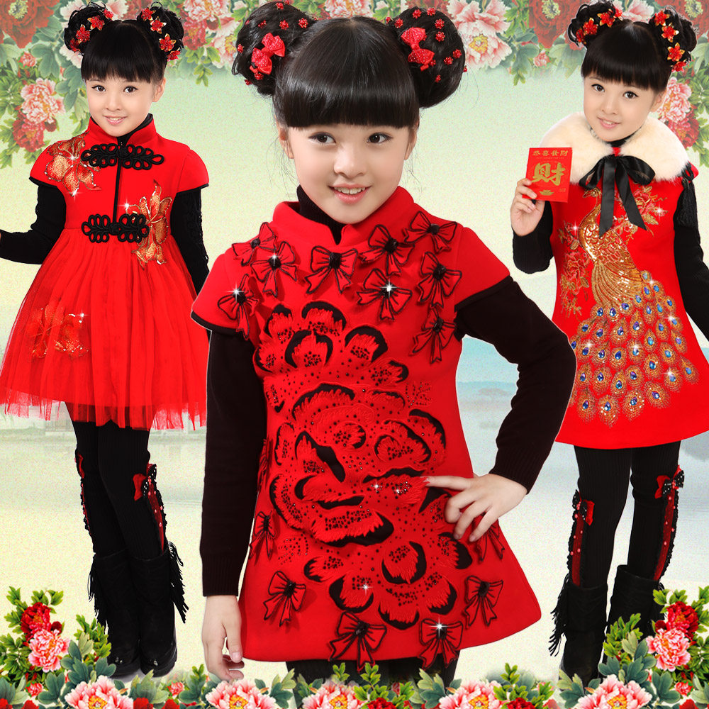女童装2013秋冬装新年款演出服夹棉衣裙旗袍儿童唐装中国红棉袄