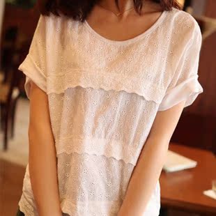  日单森女系 小清新三层蕾丝拼接全棉镂空圆领宽松休闲短袖T恤女