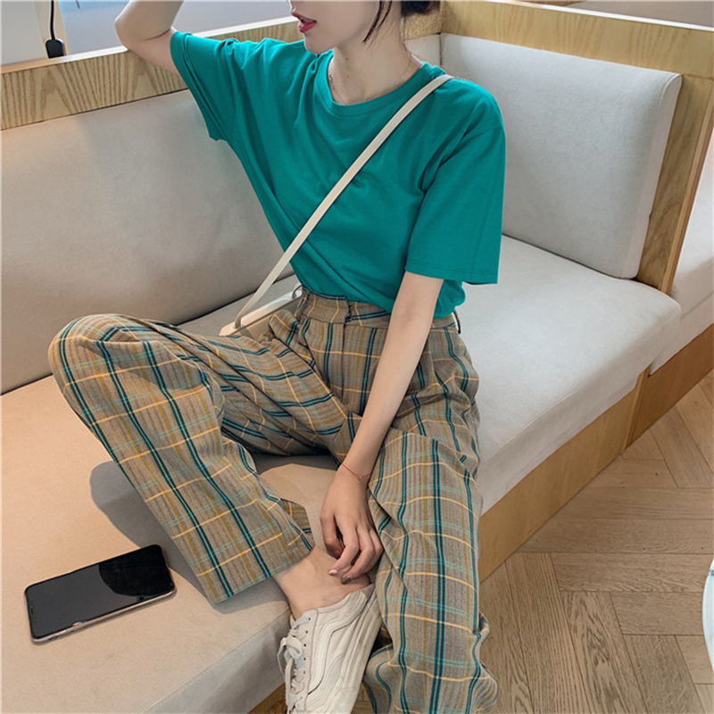 Solid Simplicity T-shirts Short sleeved T-shirt ins Retro lattice Straight Casual pants 2019 new pattern suitin the Women's clothing/Boutique , Set/Student uniforms/Work uniforms , Fashion Set category - from Buy2taobao.com to provide professional Taobao agent buy service