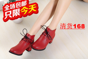  168包邮 春季爆款红色婚鞋短靴中跟系带骑士靴粗跟真皮女鞋子