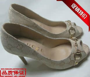  新款GUCCI/古奇女鞋优雅 帆布面内羊皮高跟单鞋 鱼嘴凉鞋
