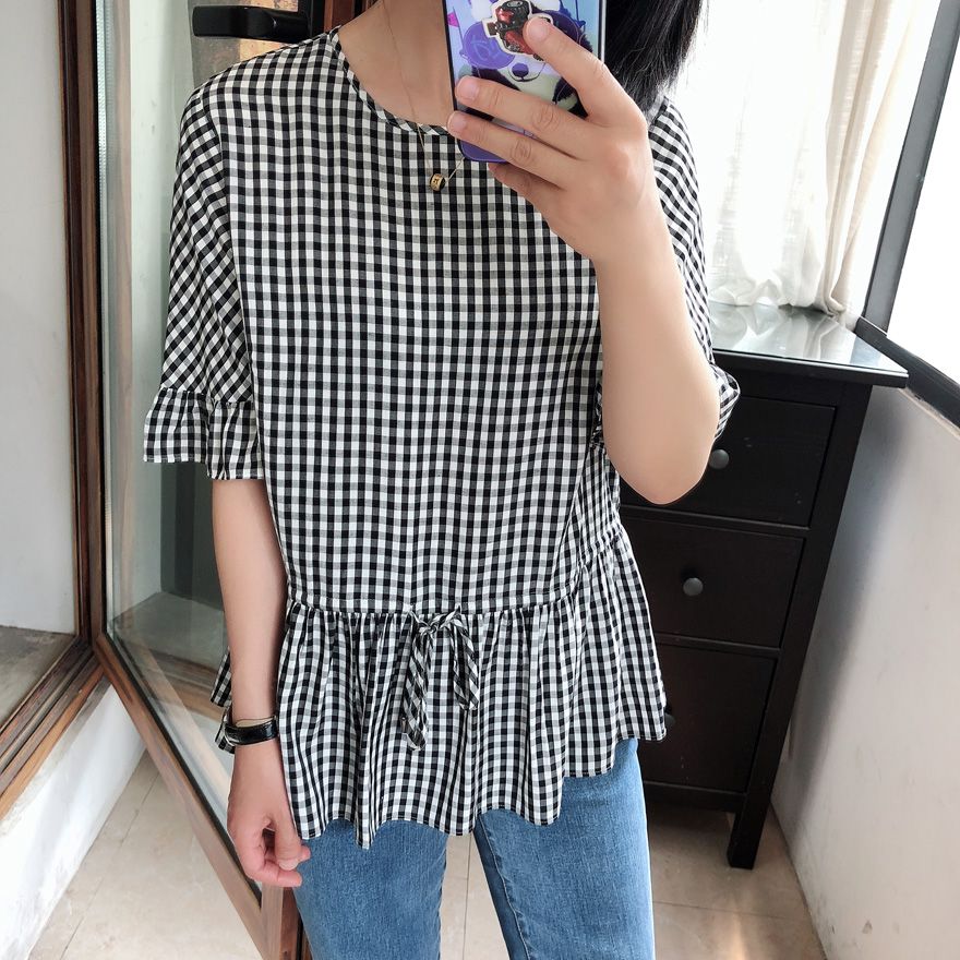 丝麻的,甜美气质黑白小格子荷叶边短袖圆领衬衫女夏装上衣|msdalam kategori Butik wanita / wanita, shirt - dari Buy2taobao.com untuk memberikan perkhidmatan ejen Taobao profesional membeli