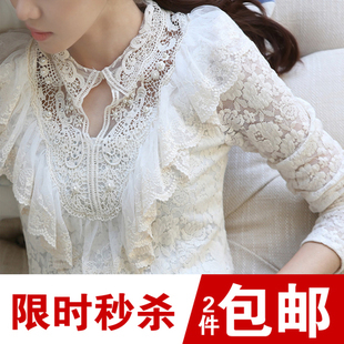  春装新款哥弟品牌女装韩版时尚修身蕾丝衫长袖蕾丝纱网打底衫