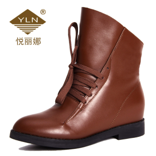  悦丽娜春款真皮机车平底单靴休闲短靴马丁骑士女单鞋子1852-1