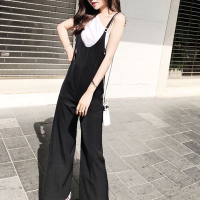 网红黑色背带连体裤女秋高腰休闲吊带显瘦泰国阔腿连衣裤长裤2019