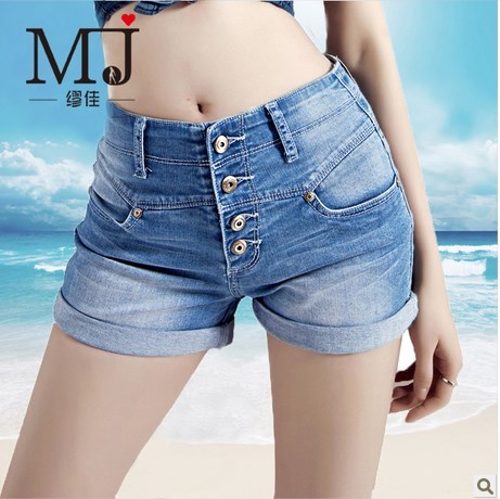 缪佳弹力松紧铆钉热裤复古高腰牛仔短裤女夏韩版潮卷边夏季欧美薄