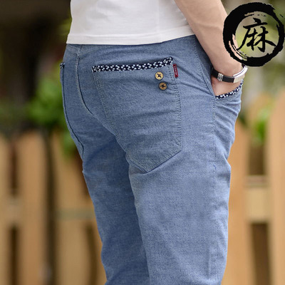 夏季薄款亚麻休闲裤男青年修身直筒夏裤大码透